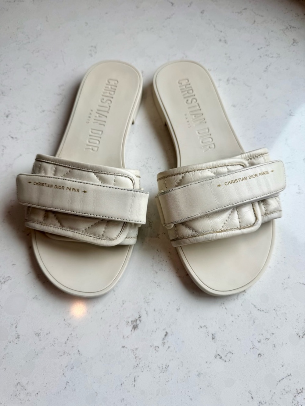 Dior Leather Cream Quilted Leather Slide Sandals